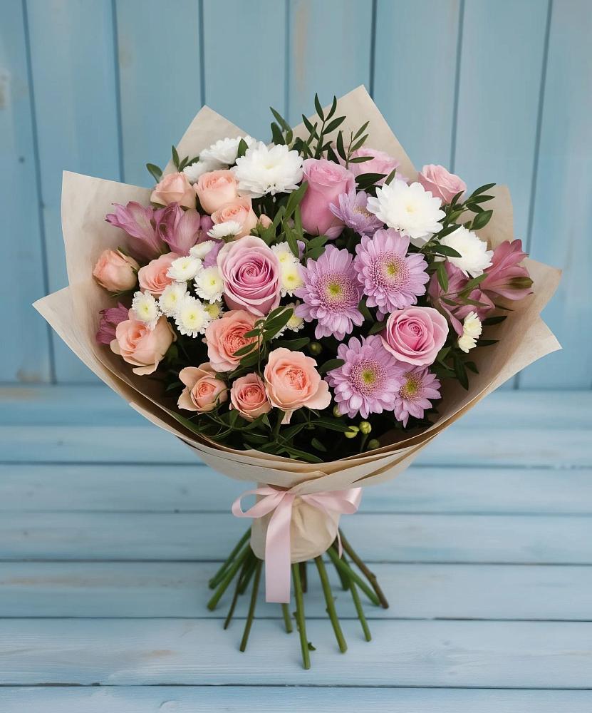 Букет цветов из: Хризантемы, Розы и Альстромерии в Кашино