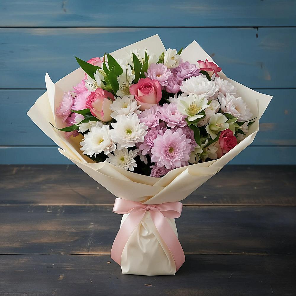 Букет цветов из: Хризантемы, Альстромерии и Розы в Кашино